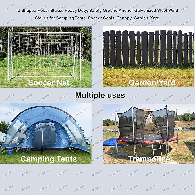 Moonmama Ground Stakes Steel Rebar Stakes Tents Nails Heavy Duty Garden Stake Ground Anchor Pegs U Shaped Metal Fences Stake for Trampolines Camping Canopies Sheds Swing Sets, 10inch 10ge