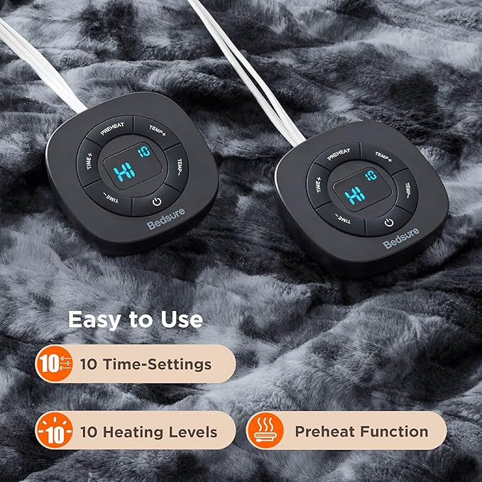 Bedsure Faux Fur Electric Blanket Queen Size, Dual Control Heated Blanket Queen, Fast Heating Blanket with 10 Heating Levels & 10 Time Settings, Cozy Gifts for Women Men (84x90 inches, Black)