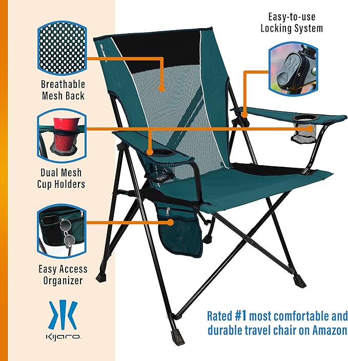 Kijaro Dual Lock Folding Camp Chair - Versatile Sports Chair With Locks Position for Outdoors - Cayman Blue Iguana