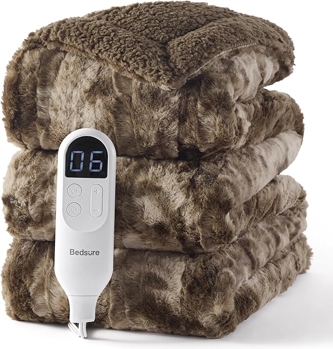 Bedsure Faux Fur Heated Blanket Full Size, Fast Heating Electric Blanket Full Size with 6 Heating Levels & 10 Time Settings, Cozy Gifts for Women Men (72x84 inches, Dark Chocolate)