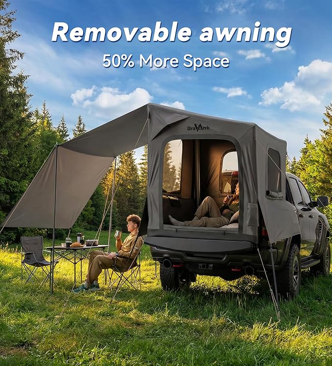 Inflatable Truck Bed Tent with Detachable Zippered Awning, Pickup Truck Tent for 5.5ft-8ft Bed, 2 Mins Fast Setup Blow Up Tent for Truck, PU3000 Waterproof Truck Tent for Camping