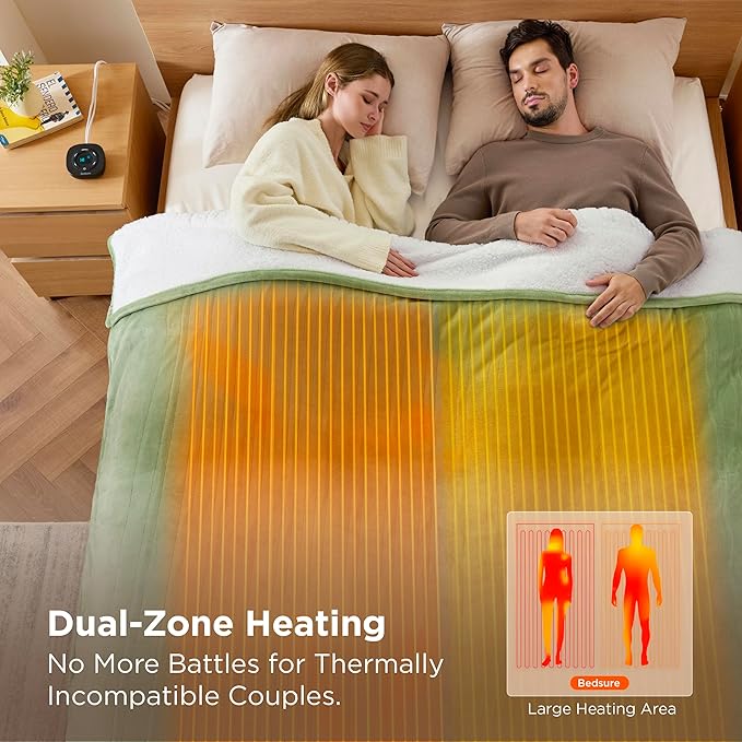 Bedsure Electric Blanket Queen Size - Dual Control Heated Blanket Queen, GentleSoft Fast Heating with 10 Time Settings & 10 Heat Settings, Warm Gift for Grandma (84x90 inches, Sage Green)