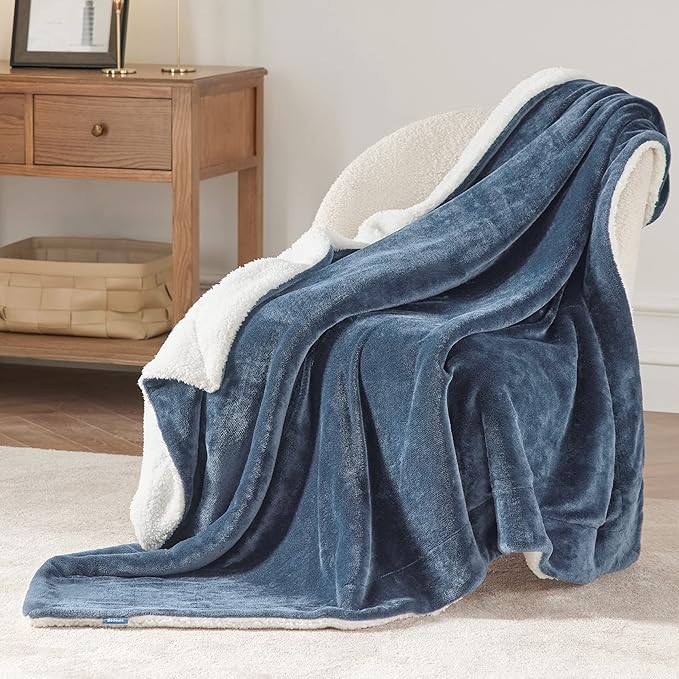 Bedsure GentleSoft Sherpa Fleece Throw Blanket Twin Size for Couch - Thick and Warm, Soft Fuzzy Plush Twin Blanket for Winter, Slate Blue, 60x80 Inches
