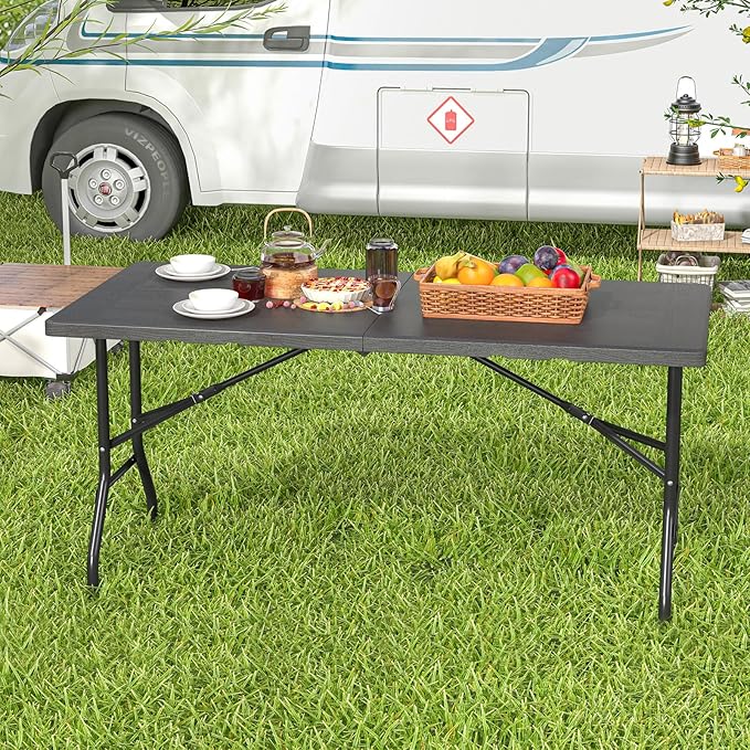 Tangkula 5FT Folding Table, Indoor Outdoor Foldable Plastic Table with HDPE Tabletop, Sturdy Metal Fame, Carrying Handle, 4-6 Person Picnic Table for Camping BBQ Party