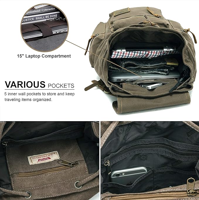 HuaChen Vintage Canvas Travel Backpack with Leather Trim, Laptop Padded Sleeve, Hidden Back Security Pocket, Fits 14-Inch, M32 Army Green