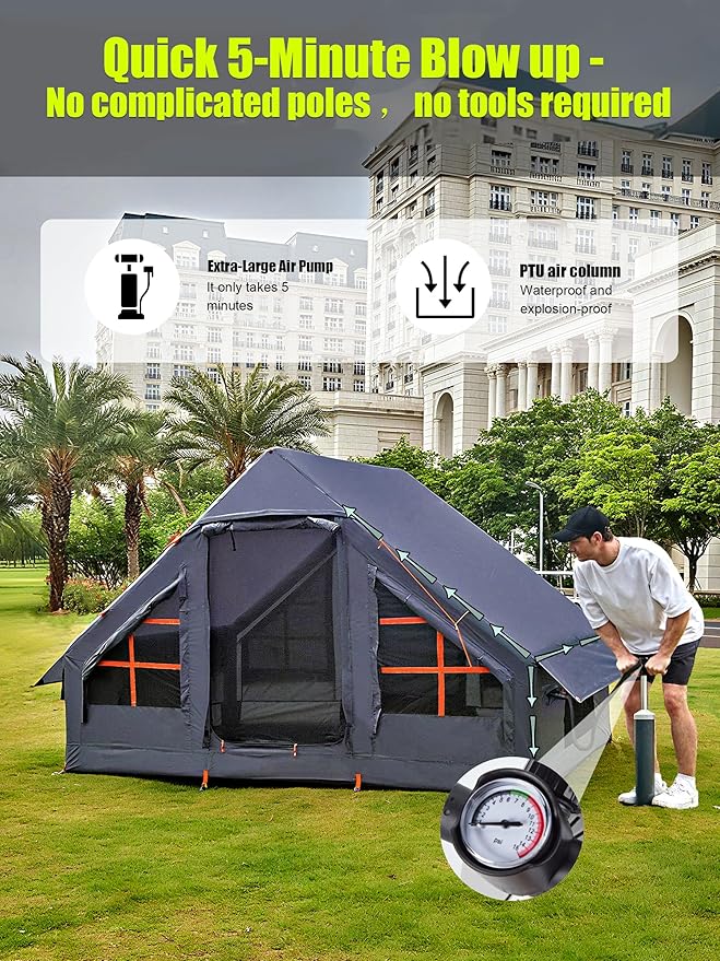 Inflatable Tents with Hand Pump Hot Tent with Stove Jack Easy Blow Up Glamping Tent with Mesh Windows, 4-6 Person Instant Family Camping Tents Waterproof for 4 Seasons