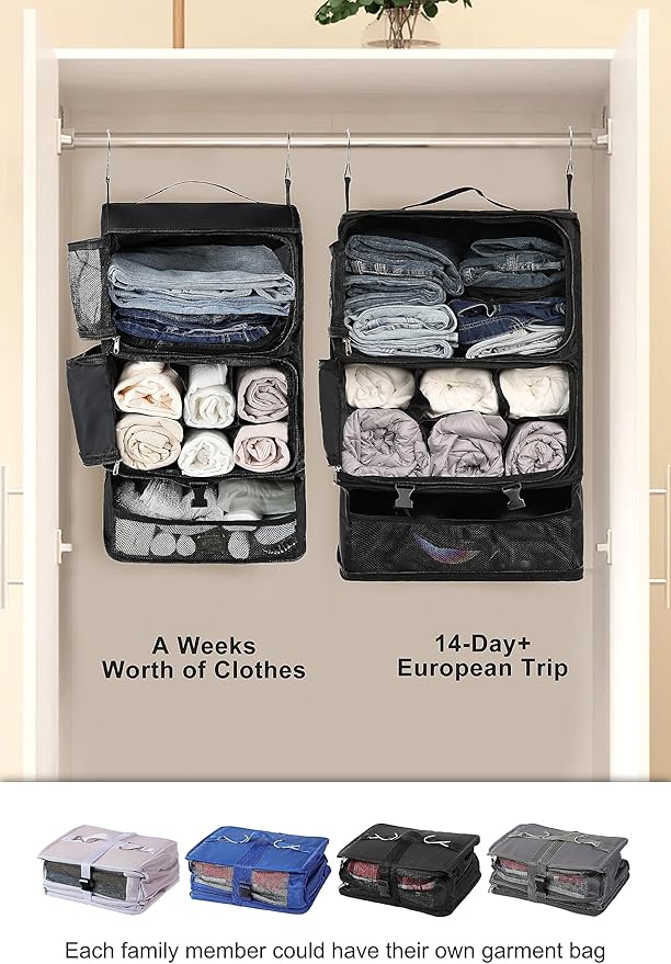ELEZAY Hanging Packing Cubes Portable Closet 3-Shelf Travel Collapsible Compression Garment Organizer for Carry-on Luggage Suitcase Space Saver Bag XX-Large_No Side Pockets, Black