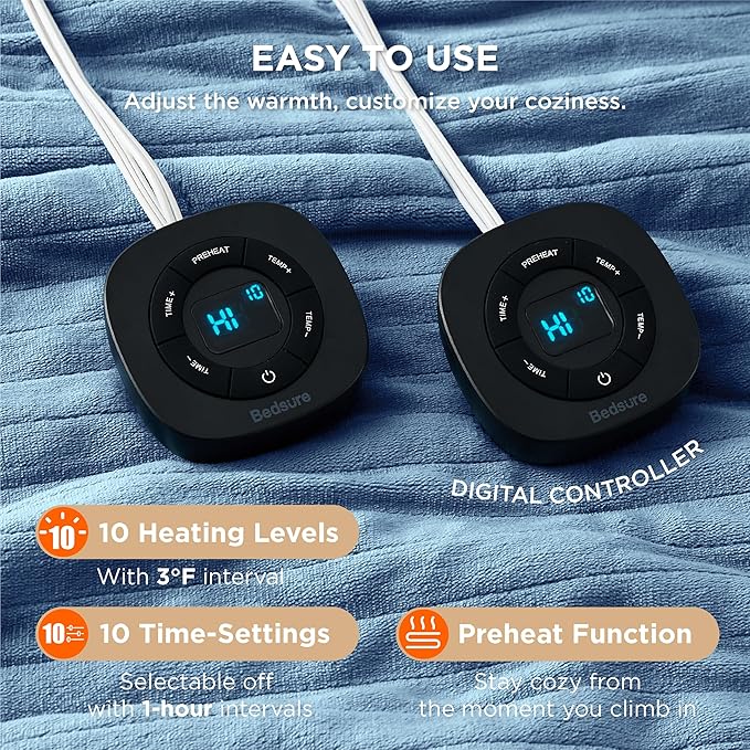 Bedsure Electric Blanket Queen Size - Dual Control Heated Blanket Queen, Fast Heating with 10 Time Settings & 10 Heat Settings, Warm Gift for Grandma (84x90 inches, Blue)