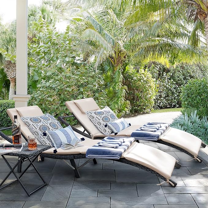 GUNJI Lounge Chairs for Outside 3 Pieces Patio Adjustable Chaise Lounge Outdoor Wicker Lounge Chairs Set of 2 with Table Folding Chaise Lounger for Poolside, Deck, Lawn (Beige)