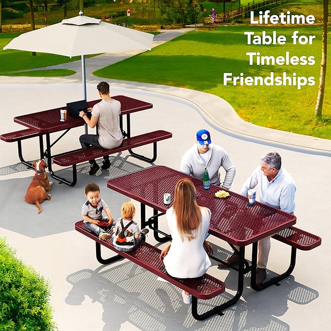 Metal Picnic Furniture for Outdoors with Umbrella Hole - Coated Steel Heavy Duty Commercial Grade Table with Adjustable Seats, Patio Set for a Lifetime (Red, 6' Rectangular)