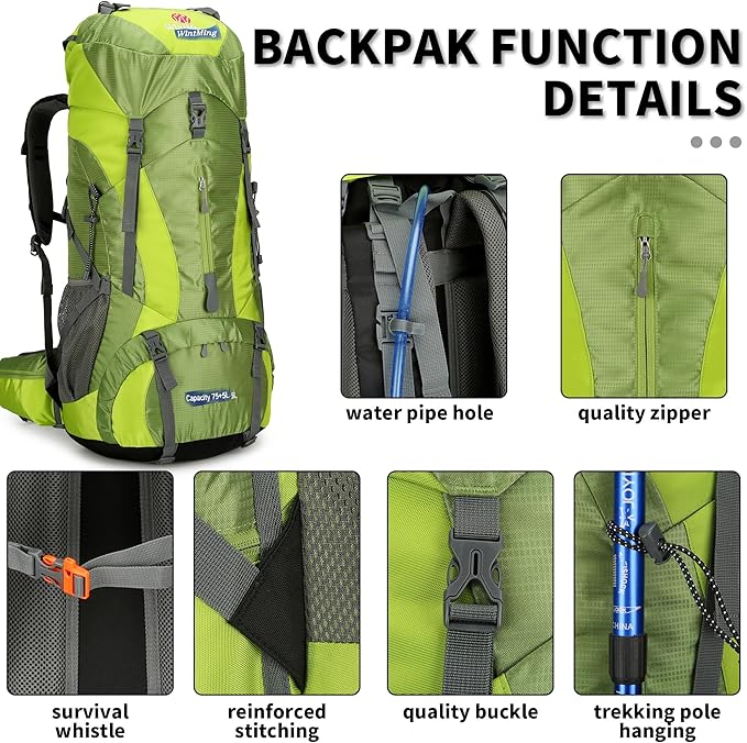 Hiking Backpack for Men and Women 70L+5L Waterproof Lightweight Camping Daypack with Rain Cover for Outdoor Travel Mountaineering - Frameless (Green)