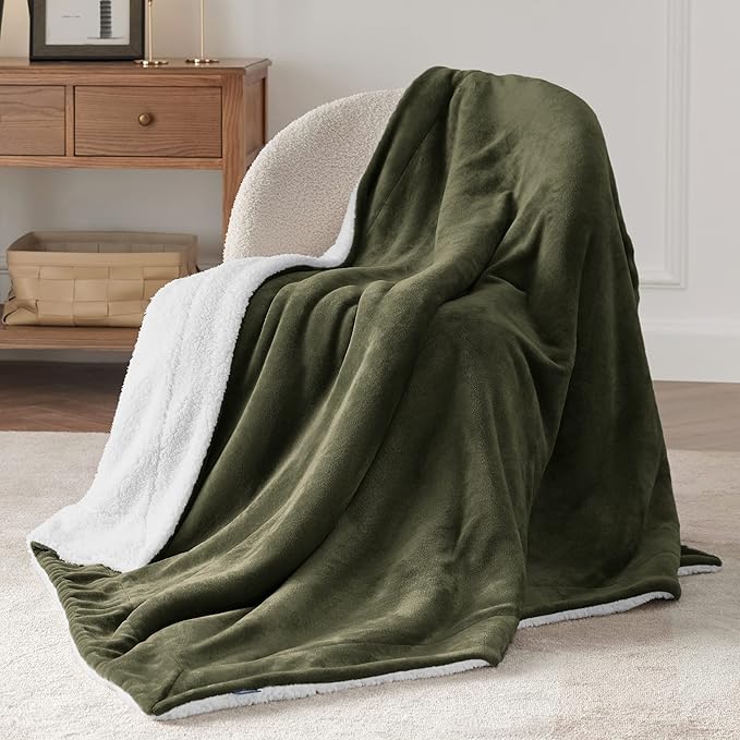 Bedsure GentleSoft Sherpa Fleece Throw Blanket Twin Size for Couch - Thick and Warm, Soft Fuzzy Plush Twin Blanket for Winter, Olive Green, 60x80 Inches