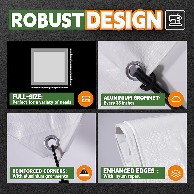 RAINDEWAY Tarps 12x16 Feet Tarp Waterproof,7Mil Thick,Finished Size,UV Resistant,Multipurpose Poly Tarp Cover with Metal Grommets and Reinforced Edges,White Tarps