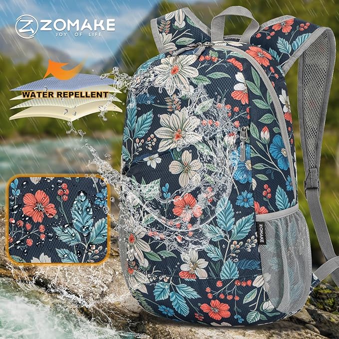 ZOMAKE Lightweight Packable Backpack,Foldable Backpacks Small Daypack for Hiking Water Resistant Day Bag for Travel(Navy blue,Floral pattern)
