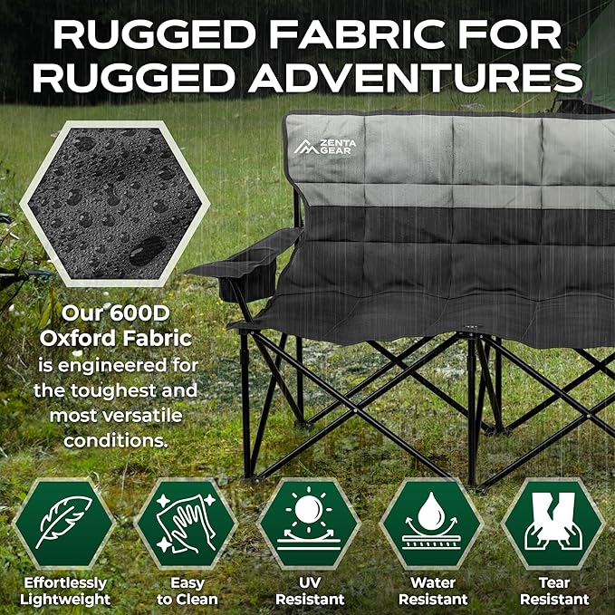 Oversized Fully Padded Double Camping Chair, Portable Folding Loveseat w/Side & Back Pockets, Adjustable Armrests, Double-Sized Cup Holders for Outdoor, Indoor, Supports 530LBS (Black)