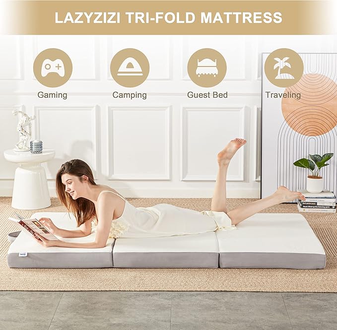 Folding Mattress, 4 Inch Memory Foam Tri-fold with Breathable Bamboo Fiber Fabric Cover, Foldable Floor Mattress Guest Bed for Camping, Road Trip, Single