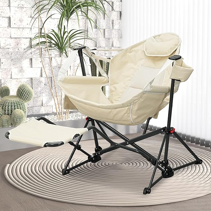 Ainfox Hammock Camping Chair with Footrest, Foldable Portable Rocking Chairs for Adults Outside Swinging Camp with Cup Holder Pillow for Outdoor Patio Poolside (Beige)