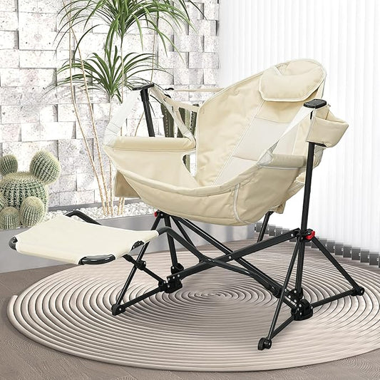 Ainfox Hammock Camping Chair with Footrest, Foldable Portable Rocking Chairs for Adults Outside Swinging Camp with Cup Holder Pillow for Outdoor Patio Poolside (Beige)