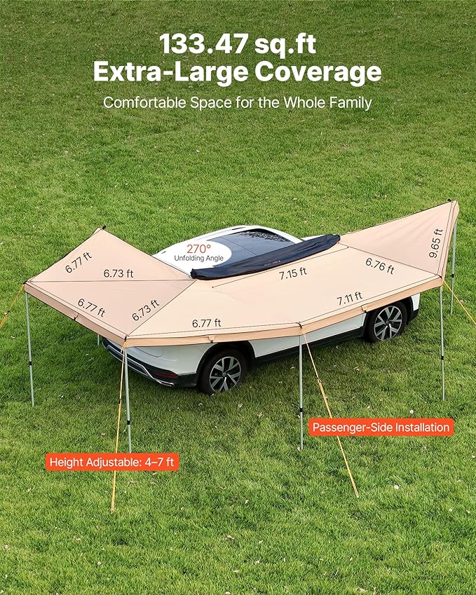 VEVOR 270 Degree Awning, 133 sq.ft Driver Side Vehicle Awning, Waterproof UV50+ Car Side Awnings with Carry Bag, All-Weather Free-Standing Overland Awnings Car Shelter for SUV Van Truck Camping