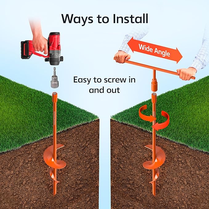 18" Heavy Duty Ground Anchors Kit (Orange 4 Pcs) - Shed Tree Tent Dog Canopy Trampoline Anchor Kit - Long Spiral Earth Auger - Tie Down Screw in Swing Set Anchors - to Ground Stakes - Sand Anchor Kit