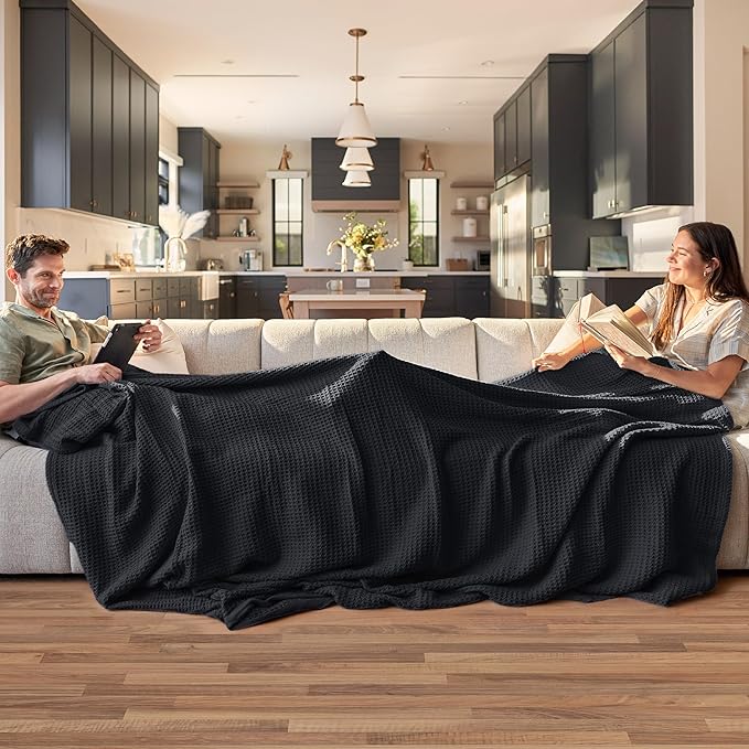 Bedsure Gentlesoft 100% Cotton Blanket King Size for Bed - Breathable and Soft, Waffle Weave Blanket for Summer, Thick Cozy Fall Blankets for Women Gift, Black, 104x90 inches