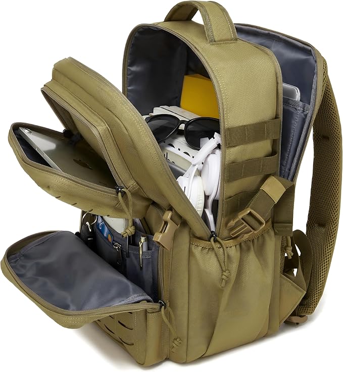 Wotony Military Tactical Backpack for Men Waterproof Daypack 3 Day Assault Pack Laser-Cut MOLLE Webbing Design with Water Bottle Holder Black Small Tactical Assault Bag (Khaki, 25L)