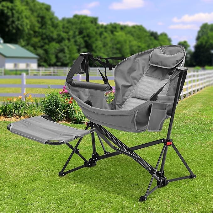 Ainfox Hammock Camping Chair with Footrest, Heavy Duty Foldable Portable Rocking Hammock Chairs Outside Swinging Camp with Cup Holder Pillow for Outdoor Patio Poolside Grey 2 Pack