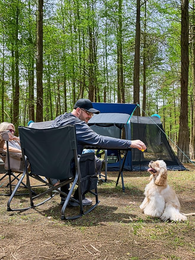TIMBER RIDGE Folding Oversized Rocking Camping Chair, 400lbs Capacity Portable Outdoor Rocker with Hard Armrests, Cup Holder & Side Pocket, Quick-Fold Design for Outdoor, Patio, Lawn, Gray