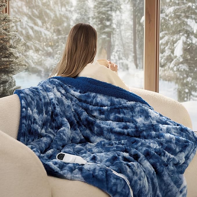 Bedsure Faux Fur Heated Blanket Throw Blanket, Fast Heating Electric Blanket with 6 Heating Levels & 4 Time Settings, Cozy Gifts for Women Men (50x60 inches, Denim Blue)