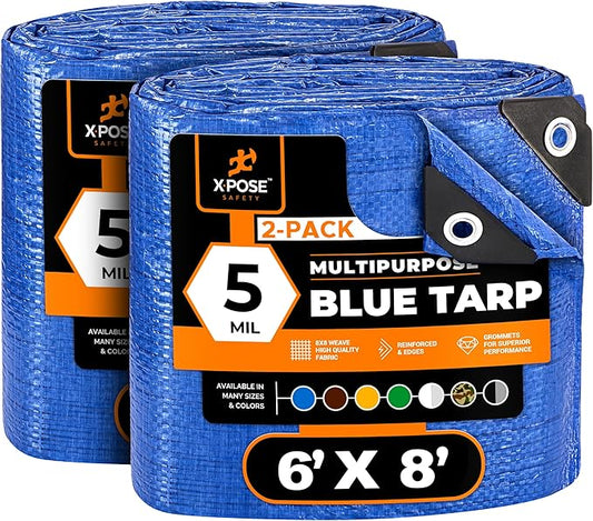 Better Blue Poly Tarp 6' x 8' (2-Pack) - Multipurpose Protective Cover - Lightweight, Durable, Waterproof, Weather Proof - 5 Mil Thick Polyethylene - by Xpose Safety