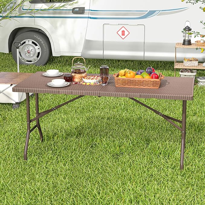 Tangkula 5FT Folding Table, Indoor Outdoor Foldable Plastic Table with Rattan Textured HDPE Tabletop, Sturdy Metal Fame, Carrying Handle, 4-6 Person Picnic Table for Camping BBQ Party