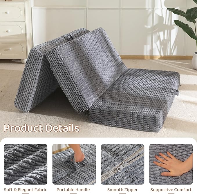 BYBYME Memory Foam Tri-Folding Mattress, 6 Inch Gel Folding Mattress Topper, Foldable Soft Guest Bed Camping Pad, with Washable Cover