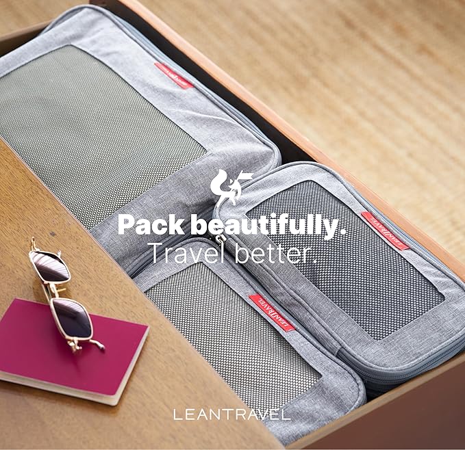 LeanTravel Premium Compression Packing Cubes for Travel - Luggage Organizers with Double Zipper - Sturdy Bags for Suitcase (4-Pack, Grey)