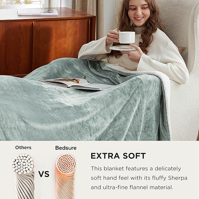 Bedsure GentleSoft Sherpa Fleece Oversized Cal King Blankets for Bed - Thick and Warm, Soft Fuzzy Plush Large Blanket for Winter, Sage Green, 112x98 Inches