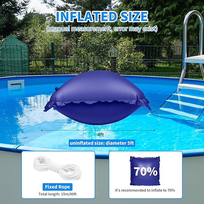 Pool Pillow for for Above Ground Pools, 4x4 Ft Pool Air Pillow for Closing Winter Pool Winterizing Kit for Ground Pool, 0.5mm PVC Material, 2X 16.5Ft Rope (Blue)