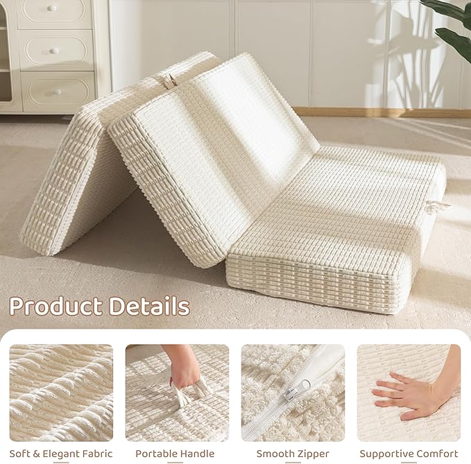 BYBYME Memory Foam Tri-Folding Mattress, 6 Inch Gel Folding Mattress Topper, Foldable Soft Guest Bed Camping Pad, with Washable Cover