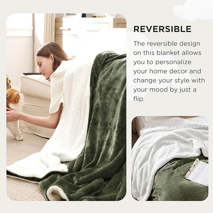 Bedsure GentleSoft Sherpa Fleece Oversized Cal King Blankets for Bed - Thick and Warm, Soft Fuzzy Plush Large Blanket for Winter, Olive Green, 112x98 Inches