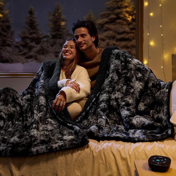 Bedsure Faux Fur Electric Blanket Queen Size, Dual Control Heated Blanket Queen, Fast Heating Blanket with 10 Heating Levels & 10 Time Settings, Cozy Gifts for Women Men (84x90 inches, Black)