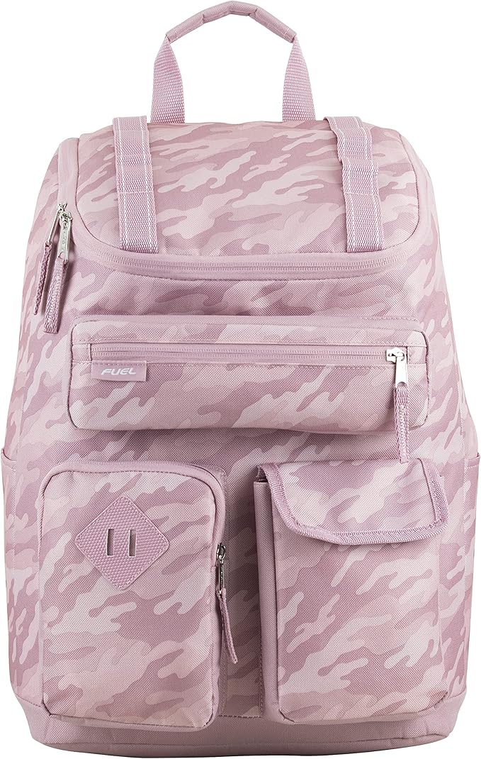 FUEL Multi-Pocket Cargo Travel Backpack Luggage Bag with Top-Loader Entry, Pink Camo