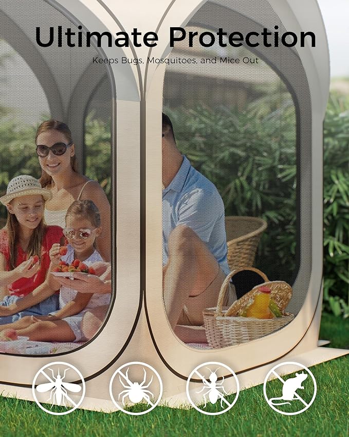 Pop-Up Screen Tent with Mesh Walls – Instant Portable Outdoor Shelter with Carry Bag for Camping, Patio, Backyard, Deck, Beach – 6×6 FT, Beige