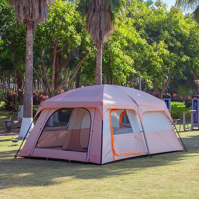 KTT Extra Large Tent 6-10-12-14 Person(Style-B),Family Cabin Tents,2 Rooms,3 Doors and 3 Windows with Mesh,Straight Wall,Waterproof,Double Layer,Big Tent for Outdoor,Picnic,Camping,Family Gathering