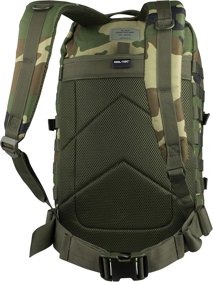 Mil-Tec Unisex Assault Pack - Rugged Durable Lightweight Ergonomic Versatile Tactical Outdoor Camping Hiking Backpack with Adjustable Padded Shoulder Straps & MOLLE Loops, Woodland Camo, 20L