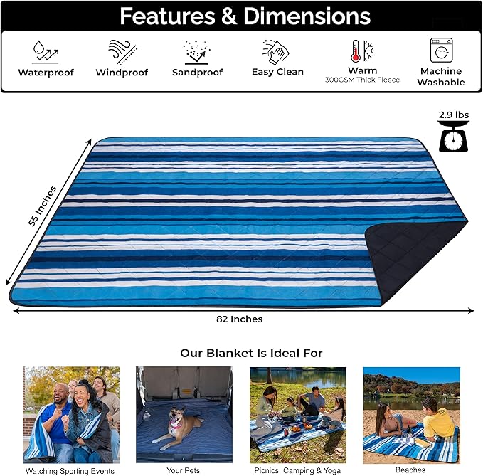 BRAWNTIDE Large Outdoor Waterproof Blanket - Extra Thick Fleece, Warm, Windproof, Sandproof, Quilted, 82" x 55", Ideal for Beaches, Picnics, Camping, Stadiums, Dogs, Car