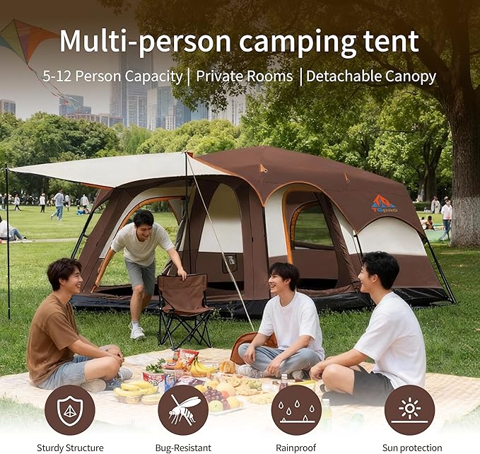 Large Family Standing Upright Camping Tent - 5-12 Persons Multi-Room Waterproof Tent with Screened Porch - Glamping Tent for Outdoor Camping & Family Vacation
