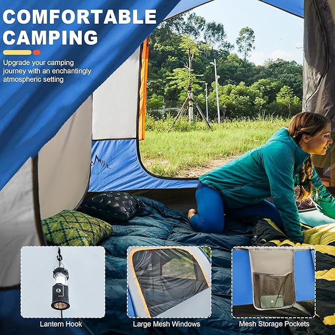 SUV Tent for Camping, Waterproof PU3000mm Spacious Double Layer Design for 5-8 Person, Includes Rainfly and Storage Bag, 8FT L x 8FT W x 7.2FT H Blue