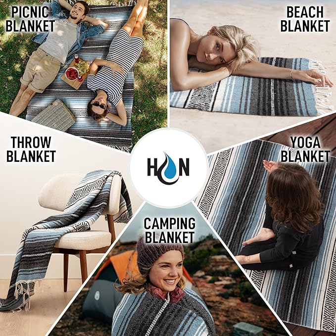 Hydration Nation Authentic Large Handwoven Mexican Blanket - Soft Yoga- Durable Serape- Lightweight Falsa, Beach, Camping, Picnic, Outdoor Blanket 70"x50" - Aqua Sky
