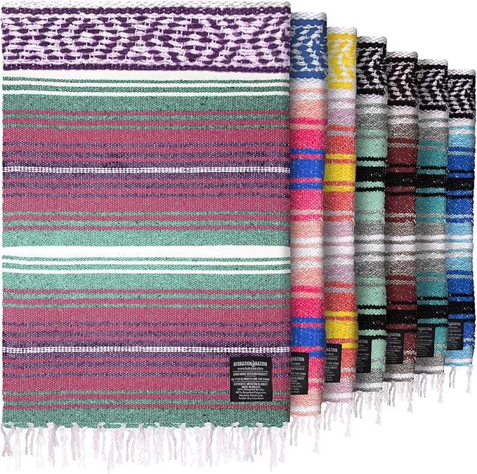Hydration Nation Authentic Extra Large Mexican Blanket (70"x50") - Handwoven Yoga, Serape- Artisanal Falsa, Beach, Camping, Picnic, Outdoor - Dawn