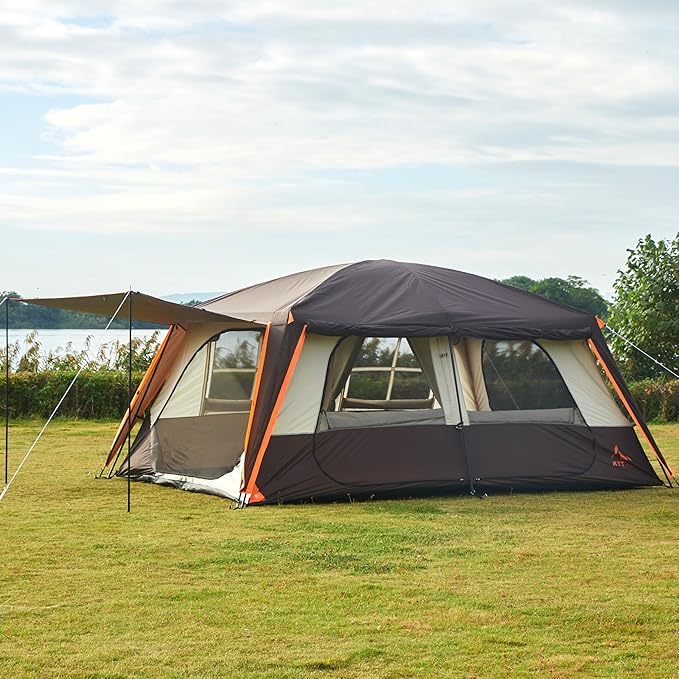 KTT Extra Large Tent 12 Person(A),Awning Family Cabin Tents,2 Rooms,4 Doors and 4 Windows with Mesh,Straight Wall,Waterproof,Double Layer,Big Tent for Outdoor,Picnic,Camping,Family Gathering。