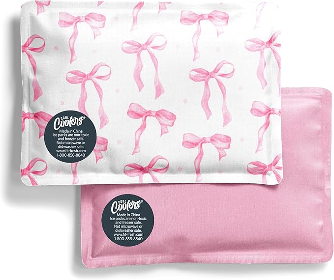Fit & Fresh Cool Coolers 2 Pack Soft Ice for Lunch Bags, Flexible Stretch Nylon, Durable, Reusable Lunch Box Ice Packs, Soft Ice, Reusable Freezer Packs, Lunch Ice, Easy to Clean, Pink Bows