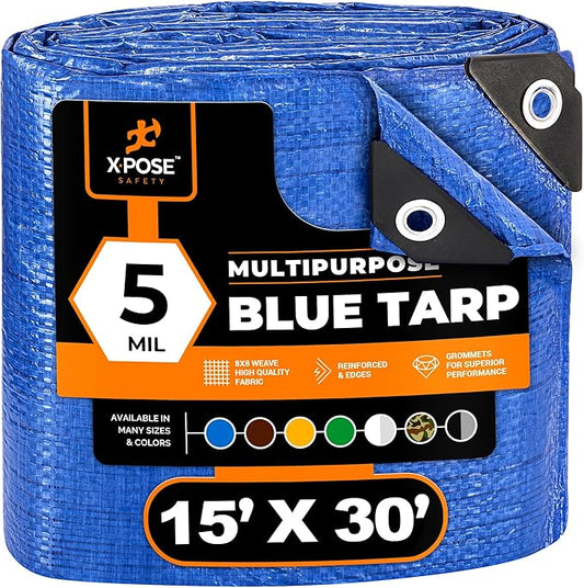 Better Blue Poly Tarp 15' x 30' - Multipurpose Protective Cover - Lightweight, Durable, Waterproof, Weather Proof - 5 Mil Thick Polyethylene - by Xpose Safety